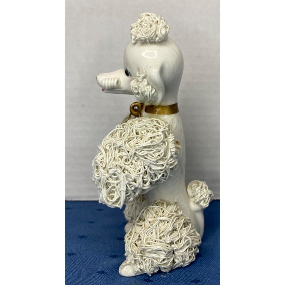 Vintage Porcelain Spaghetti Poodle Figurine With Gold Collar & Ring 5" - Picture 3 of 6